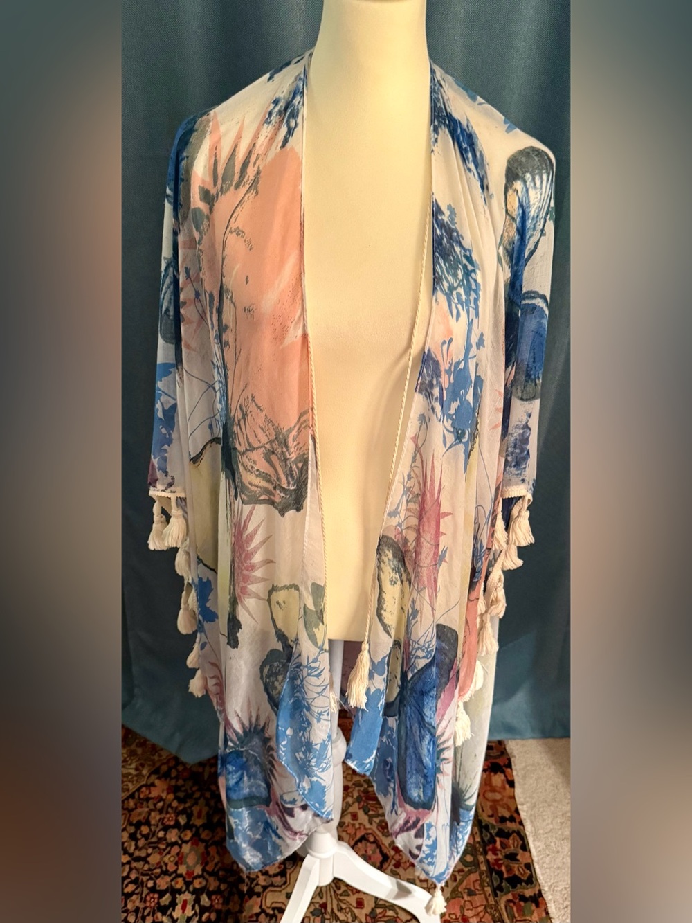 Boho Chic Floral Watercolor Open-Front Kimono with Tassle Trim